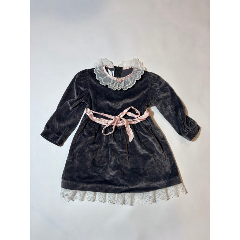 Vintage Bonnie Jean Velvet Dress Toddler 3T Holiday Lace Collar Pink Bow Cottage